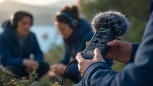 Person holding a handheld recorder outdoors during a soundscape field recording session