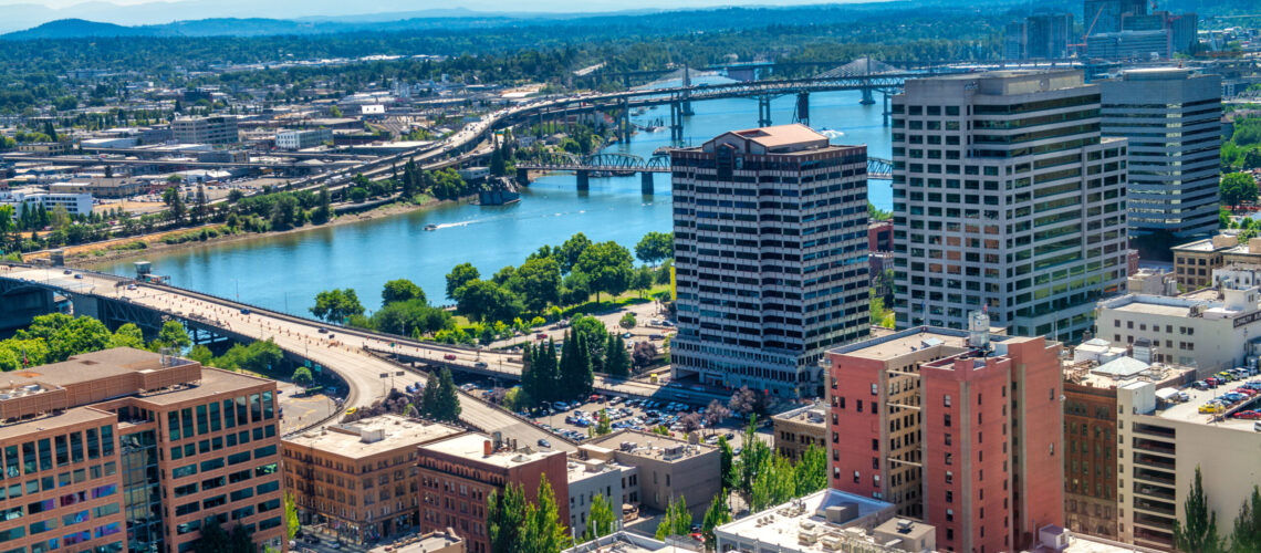 Aerial view of Portland skyline and skyscrapers, Oregon - USA.