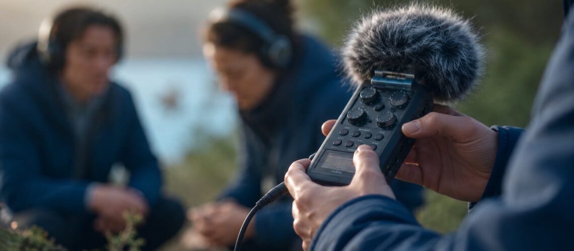 Person holding a handheld recorder outdoors during a soundscape field recording session